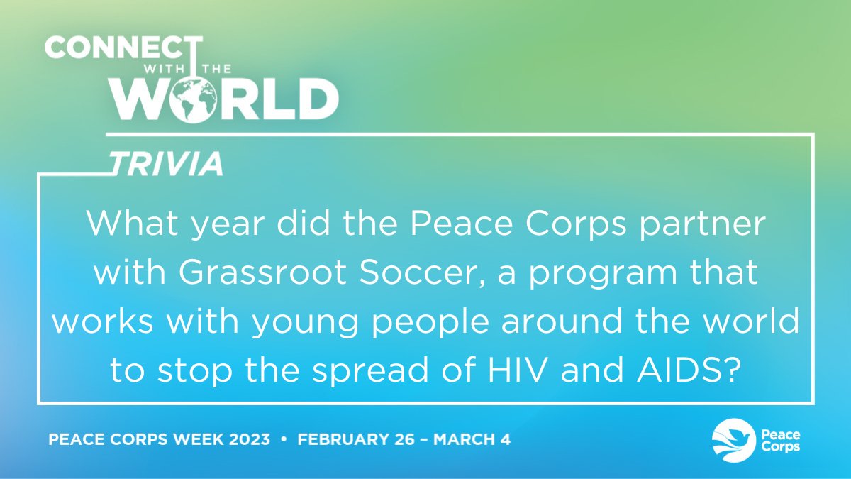 PeaceCorps's tweet photo. It's #TriviaTime! We are celebrating our partnerships, friendships, and connections. Put your knowledge to the test. 👇

#PCWeek2023 #ConnectWithTheWorld https://t.co/kyBg3M1NBu