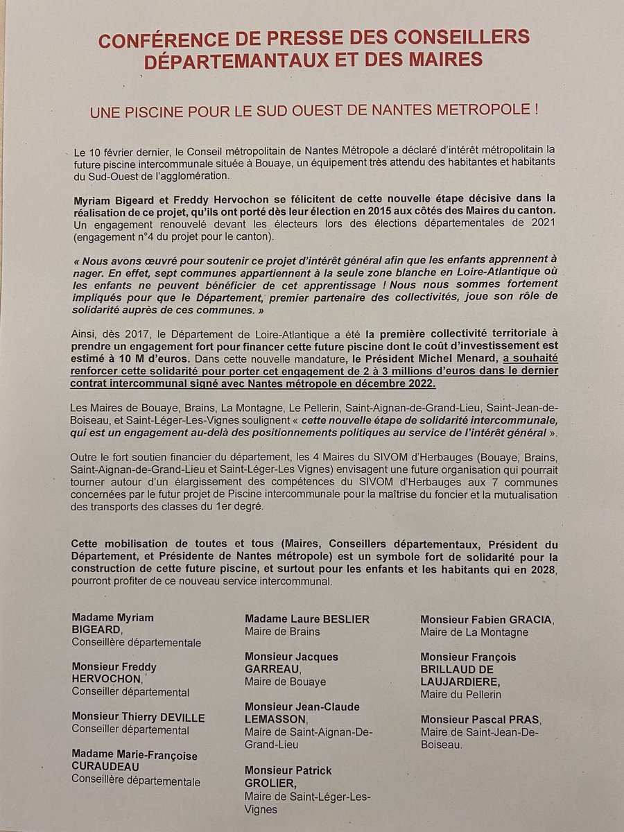 Myriam BIGEARD et Freddy HERVOCHON, Canton Rezé1 (@bigearhervochon) on Twitter photo Un grand moment pour le sud-Loire : l’ensemble des maires et conseillers départementaux unis pour la piscine métropolitaine située à #Bouaye pour laquelle la <a href="/loireatlantique/">Loire-Atlantique</a> investit 3Millions d’euros ! #cantonReze1 <a href="/JCLemassonSAGL/">Jean-Claude LEMASSON 🇫🇷🇪🇺🇺🇦</a> @MyriamBigeard <a href="/FHervochon/">Freddy Hervochon</a> Un grand moment pour le sud-Loire : l’ensemble des maires et conseillers départementaux unis pour la piscine métropolitaine située à #Bouaye pour laquelle la <a href="/loireatlantique/">Loire-Atlantique</a> investit 3Millions d’euros ! #cantonReze1 <a href="/JCLemassonSAGL/">Jean-Claude LEMASSON 🇫🇷🇪🇺🇺🇦</a> @MyriamBigeard <a href="/FHervochon/">Freddy Hervochon</a>