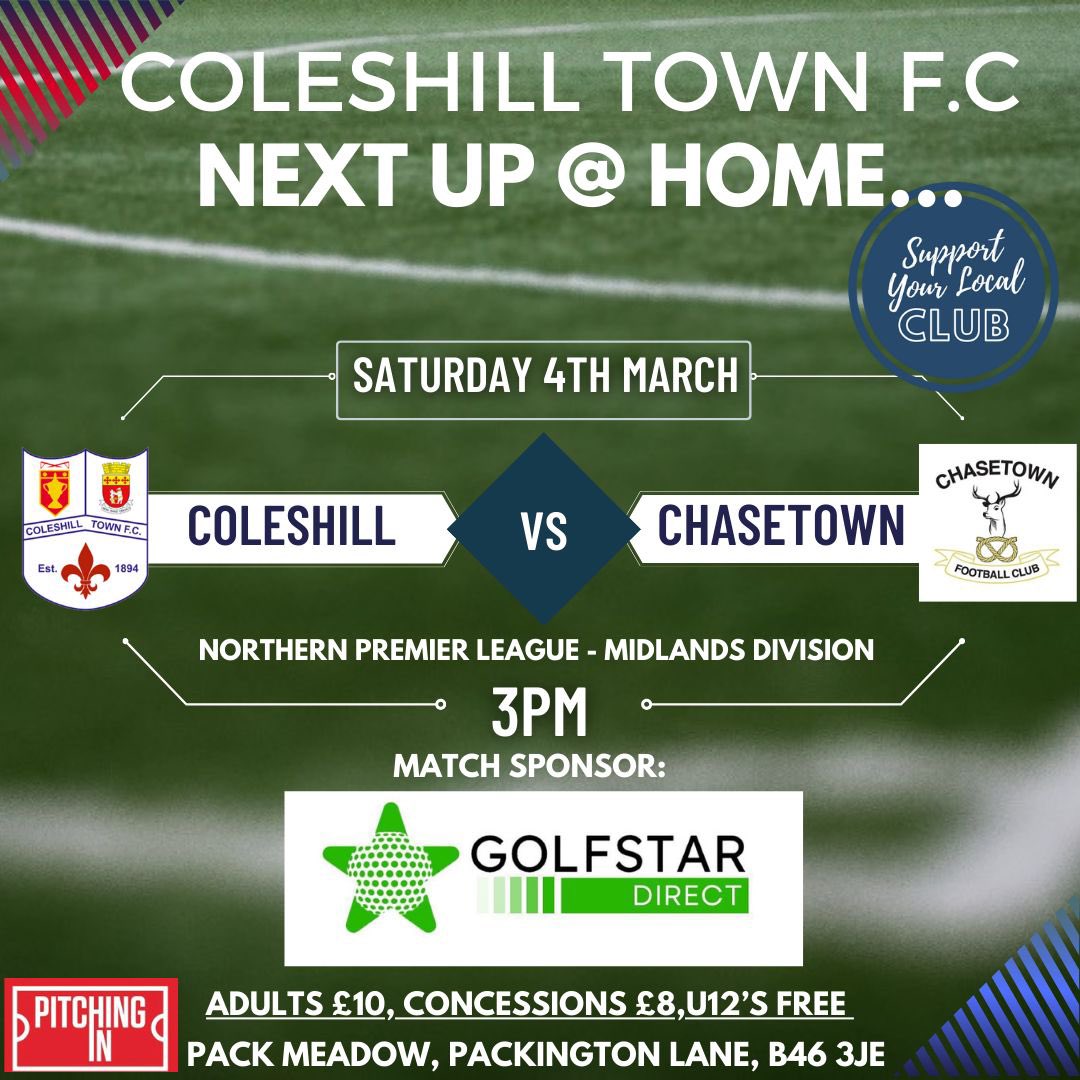 This Saturday get down to a cracking non league game in your own town
Chasetown are flying Coleshill Town  are flying 
Football will be great 
Food is great 
Beer is great 
Why wouldn’t you
<a href="/ChasetownFC1954/">Chasetown FC</a> <a href="/ColeshillTownSC/">Coleshill Town Supporters Club</a> <a href="/ColeshillPost/">The Coleshill Post</a> <a href="/ColeshillB46/">Earl of Coleshill</a>