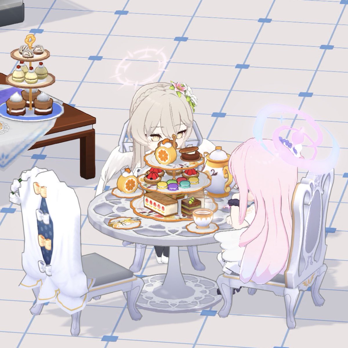 mika (blue archive) multiple girls 2girls food cake wings halo table  illustration images