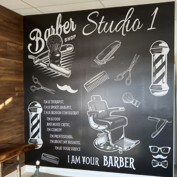 SpeedproCanada's tweet image. Studio 1 Barbershop is now open!  SpeedPro Barrie completed a new storefront sign and this fantastic vinyl wall mural, simulating a blackboard!  Time to freshen up your business signage? Contact SpeedPro! #SpeedProBarrie #SpeedPro #storefrontsignage #vinyldecal #wallmurals #signs