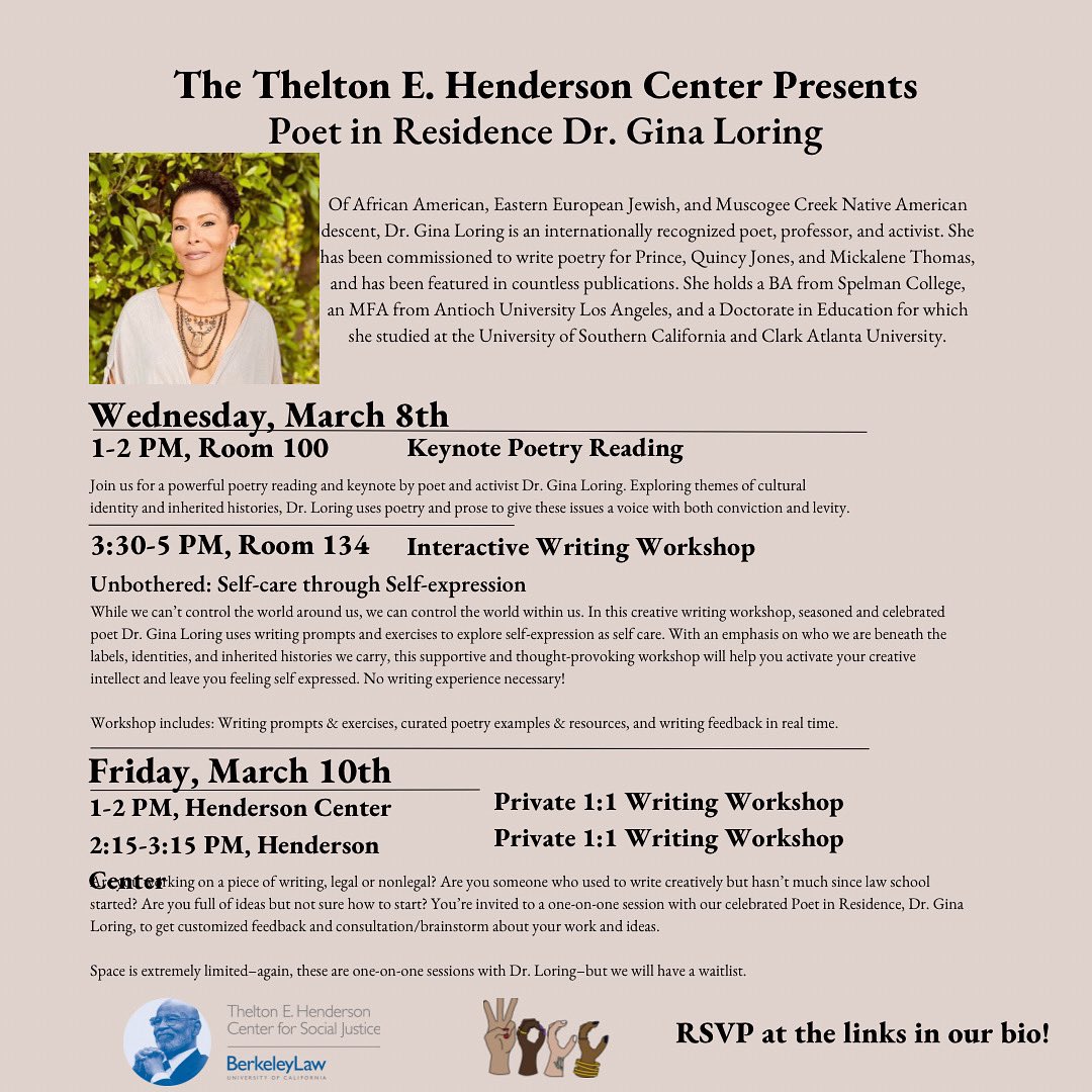 Next week we are hosting Dr. Gina Loring for a Poet in Residence program! She will be giving a poetry keynote reading, a group writing session and two one-on-one writing feedback sessions! Links to sign up and RSVP are below, you don't want to miss it! linktr.ee/HendersonCenter