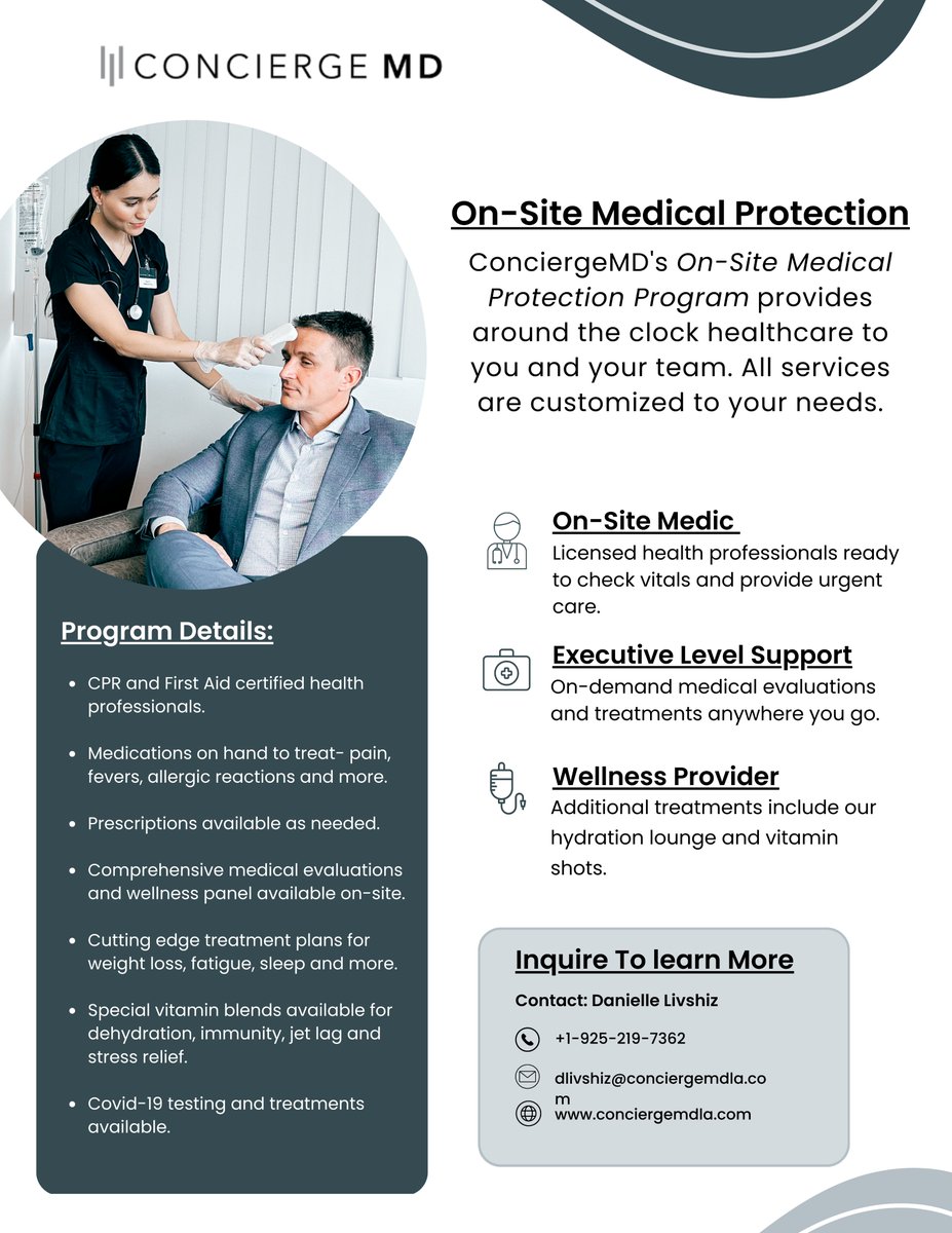 ConciergeMDLA's tweet photo. Concierge MD is excited to announce our new program, On-Site Medical Protection. Our on-site medical protection program provides around the clock healthcare to you and your team. All services are customized to your needs. https://t.co/2ksHECHras