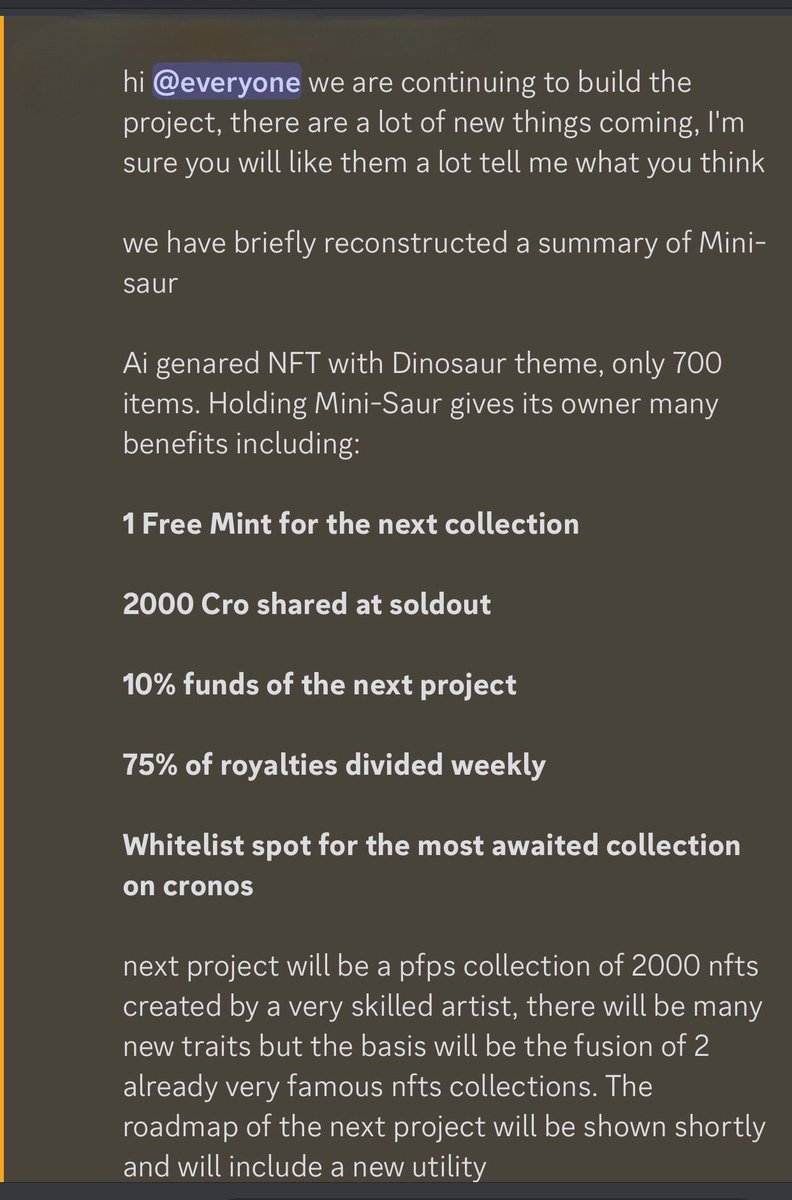 New #Giveaway Roadmap update 🚨

with 60 #cro  you have 2 #NFTs (SAUR and ??? Check on discord)with a lot of benefits, Mint mini-saur.netlify.app

🏆Win 1 free #NFT 

1️⃣Follow <a href="/Cro_Miguel/">Cronos Miguel  ❓</a> <a href="/saur_mini/">MINI SAUR & MORE  MINT LIVE</a> 
2️⃣Like, retweet &amp; tag 3 #crofam 
3️⃣Join: discord.com/invite/Y5KkxAN…

48h