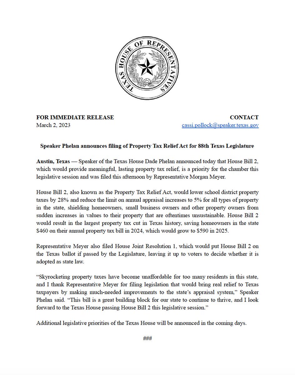 Dade Phelan (@dadephelan) on Twitter photo Looking forward to the Texas House passing House Bill 2 this legislative session. Texas taxpayers deserve meaningful, lasting property tax relief. House Bill 2 would do that. Thank you <a href="/MorganMeyerTX/">Morgan Meyer</a> for filing this important bill. #txlege Looking forward to the Texas House passing House Bill 2 this legislative session. Texas taxpayers deserve meaningful, lasting property tax relief. House Bill 2 would do that. Thank you <a href="/MorganMeyerTX/">Morgan Meyer</a> for filing this important bill. #txlege