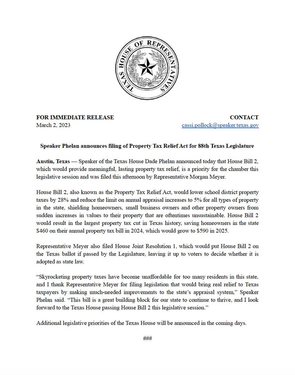 Looking forward to the Texas House passing House Bill 2 this legislative session. Texas taxpayers deserve meaningful, lasting property tax relief. House Bill 2 would do that. Thank you @MorganMeyerTX for filing this important bill. #txlege