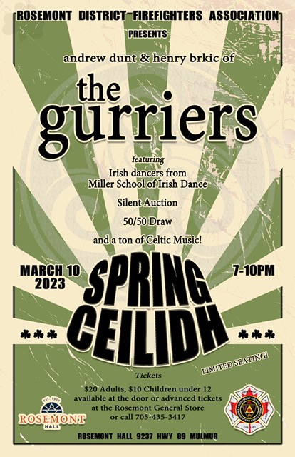The Rosemont District Firefighters Association is excited to present a fun evening of dance and music featuring Andrew Dunt and Henry Brkic of The Gurriers
🕺💃
March 10, 2023 from 7:00 pm to 10:00 pm
9237 Highway 89, Mulmur

<a href="/gurriersband/">Gurriers</a>