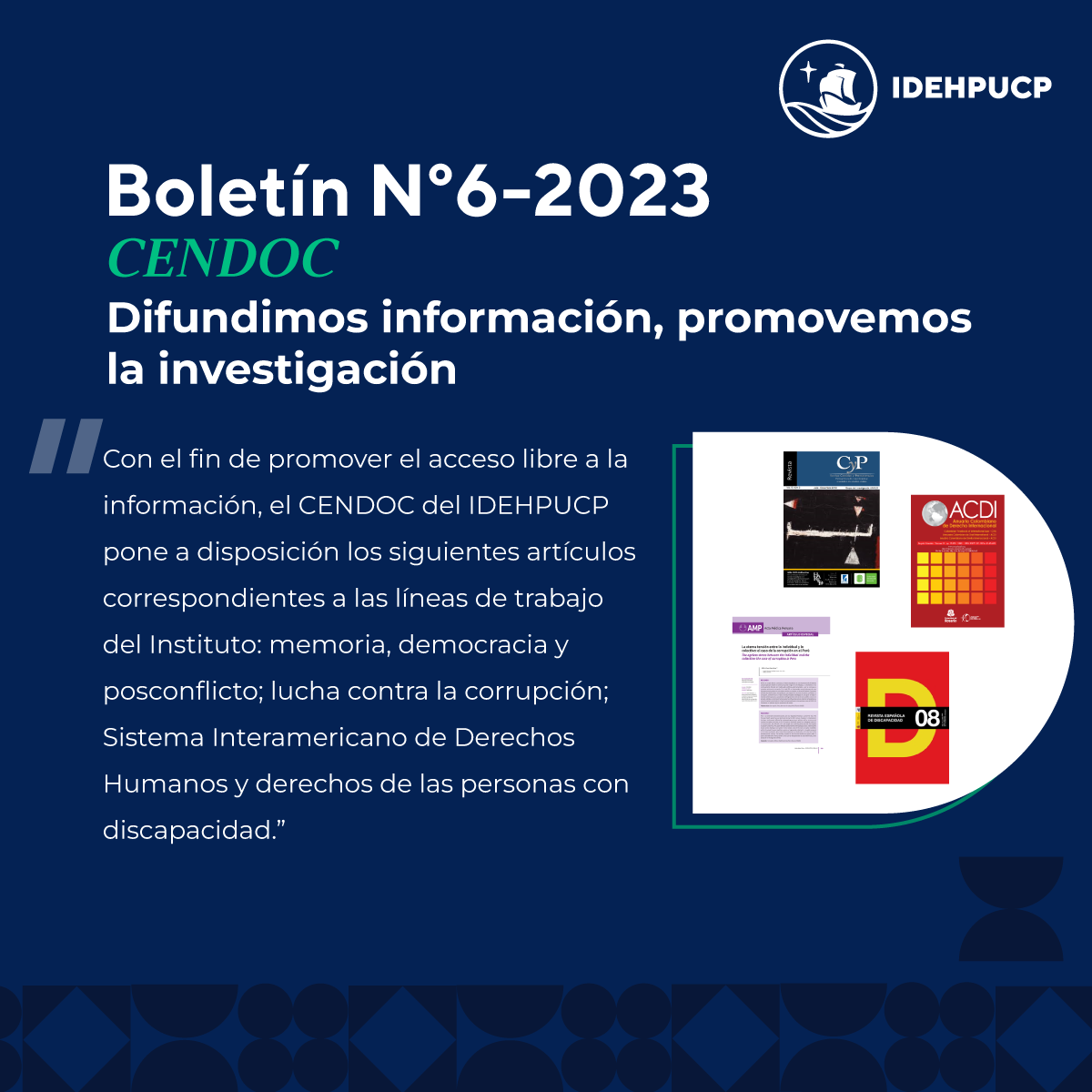 idehpucp's tweet photo. #CENDOC 📖
Siguiendo nuestro propósito promover el acceso a la información, desde el Centro de Documentación (CENDOC) del IDEHPUCP nos complacemos en presentar 4 artículos relacionados con nuestras líneas de trabajo.

Descárgalos gratis aquí 👉https://t.co/x8hYoXU9jG https://t.co/hcWb4LPMhg