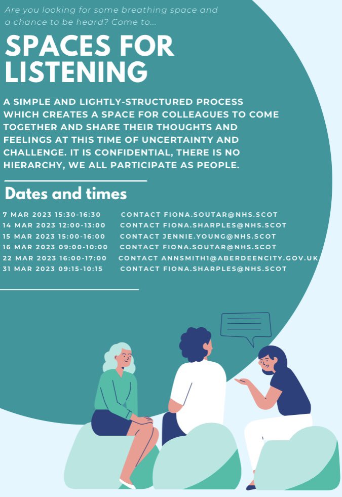 FionaSoutar's tweet image. #SpacesForListening are open to all across health, social care &amp;amp; the wider public sector - and you’re welcome as many times as you wish to join. Curious to know more? Message for more info. @NHSGEqualities @DrGrays_Elgin @GrampianWeCare