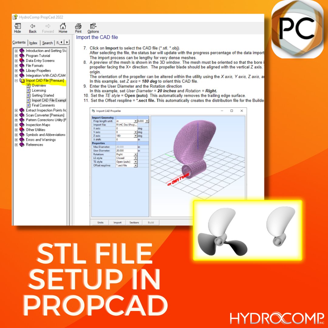 HydroCompInc's tweet image. #QuickTake: With STL file setup in PropCad, you need to reduce to one blade, and then you need to orient the propeller so the shaft axis / propeller bore / hub is along the X axis in red that is labeled SHAFT in the 3D window. Learn more about PropCad: hydrocompinc.com/solutions/prop…
