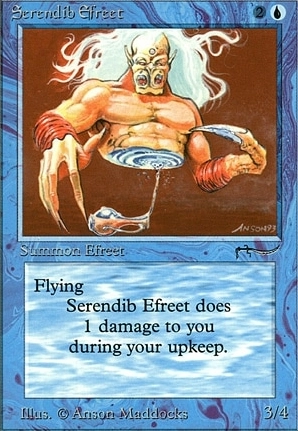todd_fang's tweet photo. @blubball @SynapseEcho @okami11235 @SaffronOlive Oh, I see the confusion!  You're thinking of Serendib Efreet, which is a blue card with very similar stats and mechanics.  I'm talking about Serendib Efreet, the green card.  Those two cards are the first two parts of a as-yet-uncompleted cycle of Serendib Efreets. https://t.co/INPznxSKiq
