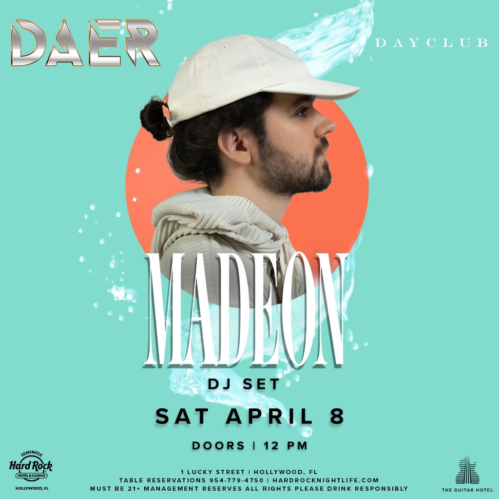 MiamiNightliffe's tweet photo. Madeon bringing the vibes to DAER Dayclub ☀️ for his #DAERDebut Saturday, April 8th! For tix ➡️ link in bio 🔗 For guest list ladies and table reservations, please call +1 305-481-2872 or email Miaminightlifeent@gmail.com https://t.co/B4M2UQP6Rq