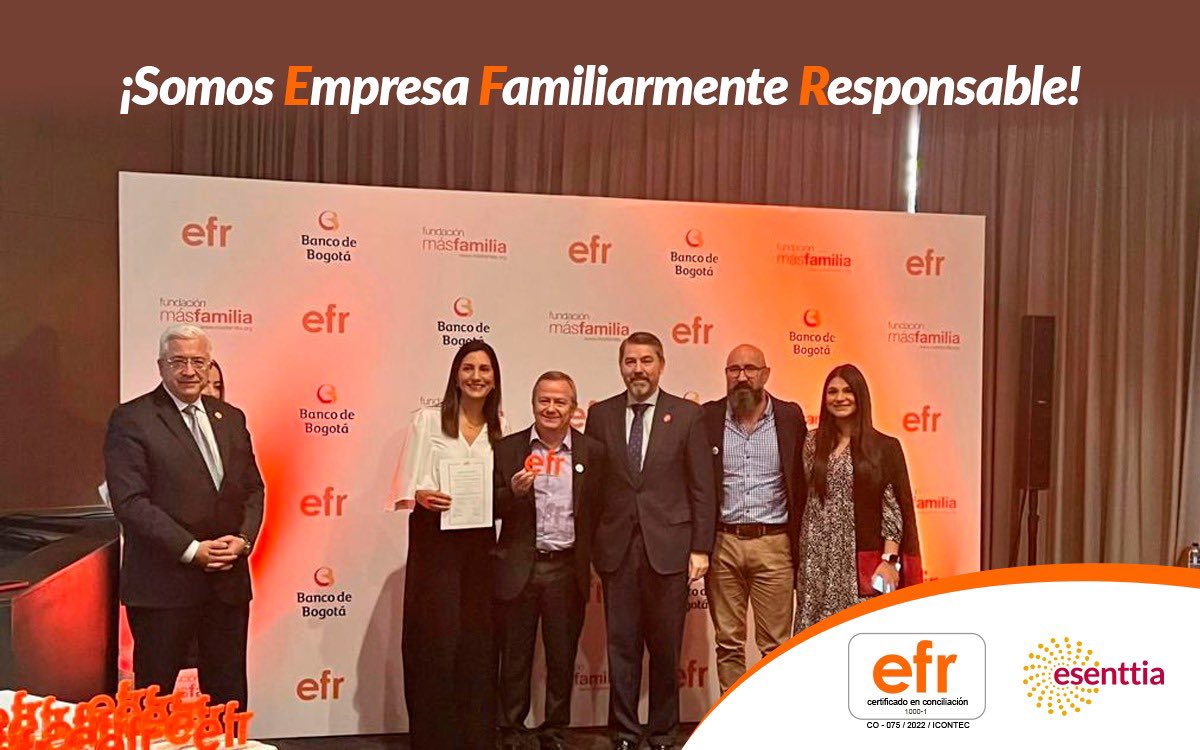 juamejp's tweet photo. ¡@EsenttiaSA es Empresa Familiarmente Responsable!

Hoy representando a más de 500 colaboradores(as), recibimos esta certificación que nos enorgullece, pues evidencia resultados en la conciliación laboral y familiar.  

La felicidad de nuestra gente nos inspira.

#EFRColombia2023 https://t.co/9IfrTcfG8W