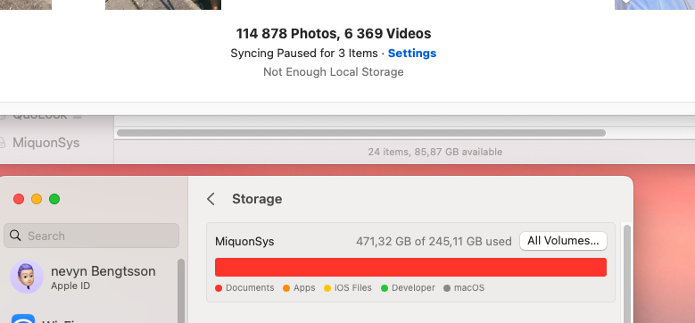 nevyn's tweet photo. macOS, go home, you're drunk. (Photos refuse to sync because it thinks my disk is full. it's definitely not full :( ) https://t.co/rvWcVJ1NRf