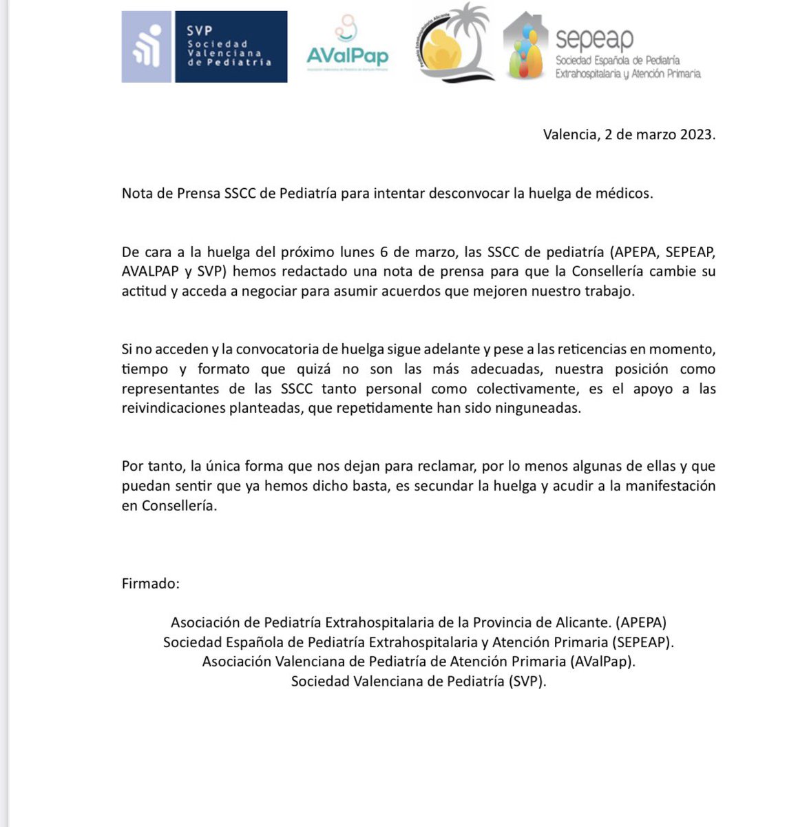 Sociedad Valenciana de Pediatría (@socvalped) on Twitter photo Nota de prensa de las SSCC de Pediatría en relación a la huelga de Médicos convocada para el próximo lunes 6 de marzo.
<a href="/SOCVALPED/">Sociedad Valenciana de Pediatría</a> <a href="/SEPEAP/">SEPEAP</a> #apepa <a href="/GVAsanitat/">GVA Sanitat</a> Nota de prensa de las SSCC de Pediatría en relación a la huelga de Médicos convocada para el próximo lunes 6 de marzo.
<a href="/SOCVALPED/">Sociedad Valenciana de Pediatría</a> <a href="/SEPEAP/">SEPEAP</a> #apepa <a href="/GVAsanitat/">GVA Sanitat</a>