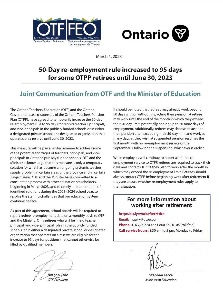 Sflecce's tweet photo. Keeping students in class is what matters most.

Following months of advocacy to the @otffeo, we are pleased to deliver an agreement that expands access to more educators that ensures students are learning in class, where they belong.

See the joint statement below.👇🏼 https://t.co/AzZYWKlQG9