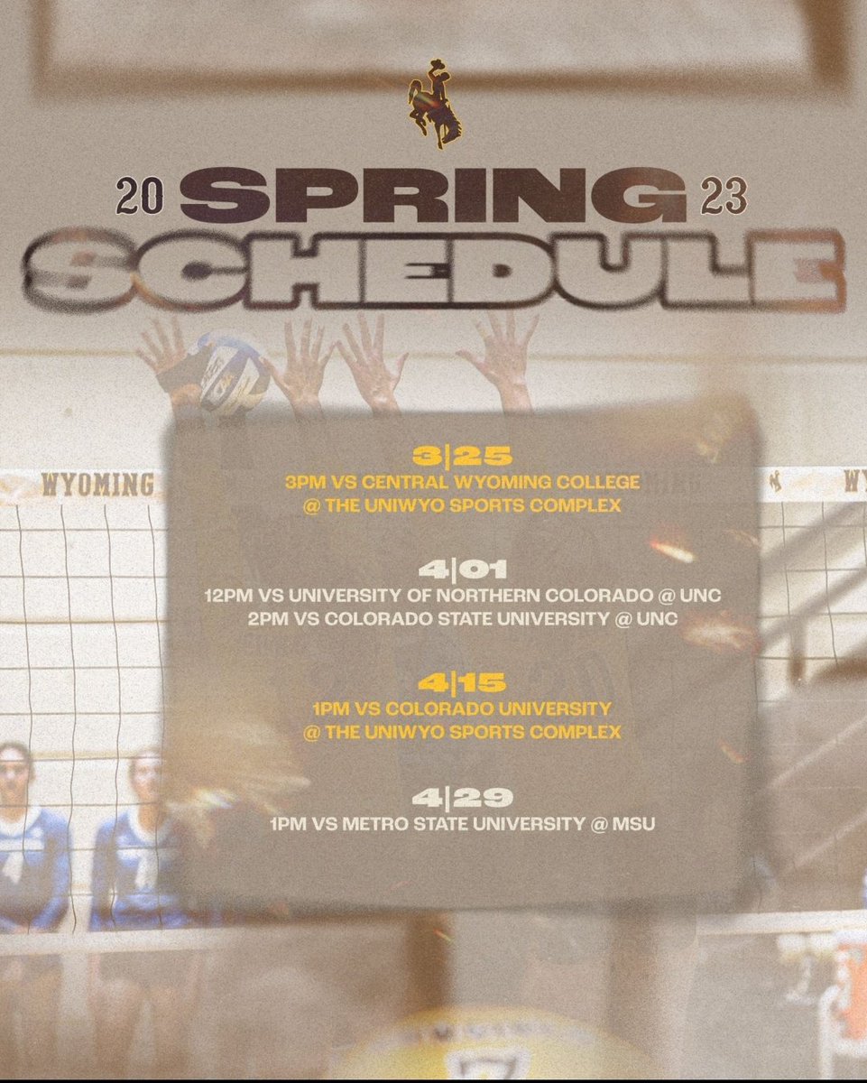 WYO_Volleyball's tweet photo. 2023 Spring Schedule is out!! 🤠💪 Home matches are free to the public and we'd love to see you there!! 

#poke'em https://t.co/OuPvuwebHS
