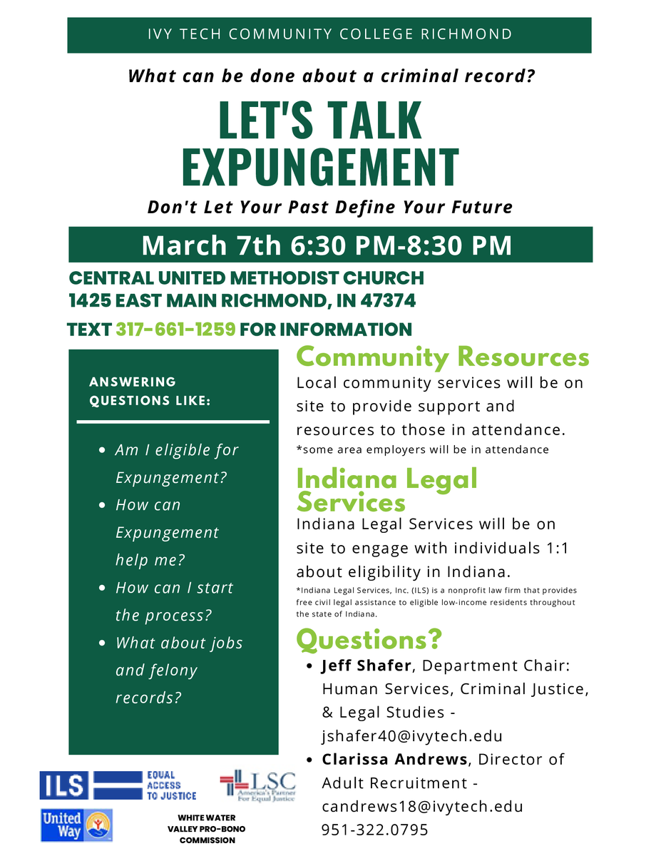 Let's talk Expungement! Join us to discover if you are eligible for Expungement. Indiana Legal Services will be offering resources and information on the Expungement process. 

March 7th, 2023
6:30 PM - 8:30 PM

Central United Methodist Church
1425 East Main Richmond, IN 47374