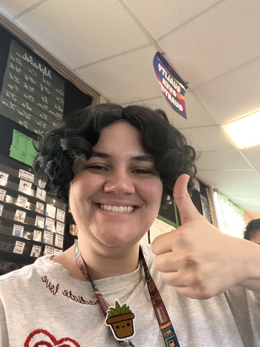 Moimoi9Sarah's tweet photo. Did I wear a wig to prank the students? Yes! Yes I did! https://t.co/TLwCvAGD5u