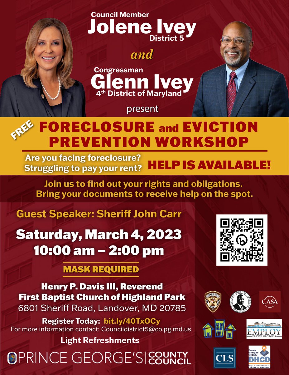 CityofGlenarden's tweet photo. Are you facing housing challenges and in need of assistance? Join Council Member @joleneivey (D5) &amp; co-host Congressman @glenniveymd (MD D4) for the upcoming Foreclosure &amp; Eviction Prevention Workshop on Sat., March 4 from 10AM-2PM at the at First Baptist Church of Highland Park. https://t.co/VikIWd5DEO