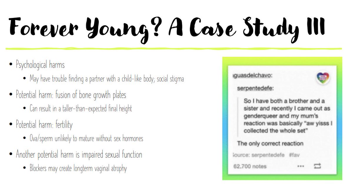 jessesingal's tweet photo. Interesting vanguard stuff: Presentation from AJ Eckert, a frequently quoted youth gender clinician, running down pros/cons of permanently preventing a child from going through *any* puberty "as a way of affirming their gender identity"

https://t.co/i6FI6F8QXF https://t.co/CyBDi2Eqoq