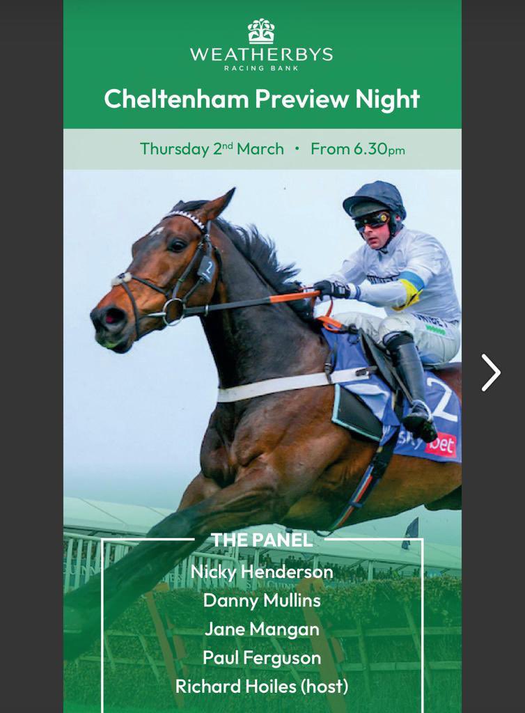 Galloping To Give (@gallopingtogive) on Twitter photo A fascinating #CheltenhamFestival preview this evening thanks to <a href="/Weatherbys_Bank/">Weatherbys Racing Bank</a>. A top panel expertly hosted by <a href="/RichardHoiles/">Richard Hoiles</a>. Thanks all, some pearls of wisdom in there undoubtedly although it does seem like the weather really will play its part! ☔️⛅️🌞<a href="/CheltenhamRaces/">CheltenhamRacecourse</a> A fascinating #CheltenhamFestival preview this evening thanks to <a href="/Weatherbys_Bank/">Weatherbys Racing Bank</a>. A top panel expertly hosted by <a href="/RichardHoiles/">Richard Hoiles</a>. Thanks all, some pearls of wisdom in there undoubtedly although it does seem like the weather really will play its part! ☔️⛅️🌞<a href="/CheltenhamRaces/">CheltenhamRacecourse</a>