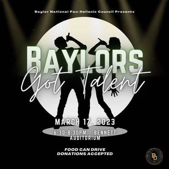 Do you have talent?! 👀
NPHC presents BAYLORS’ GOT TALENT to a stage near you!!! This is a perfect opportunity for ALL Baylor students to show off their amazing talents and skills 🙌🏾 don’t miss out – signups close Wed. March 15th 

Copy the link below👇🏾

baylor.qualtrics.com/jfe/form/SV_ba…