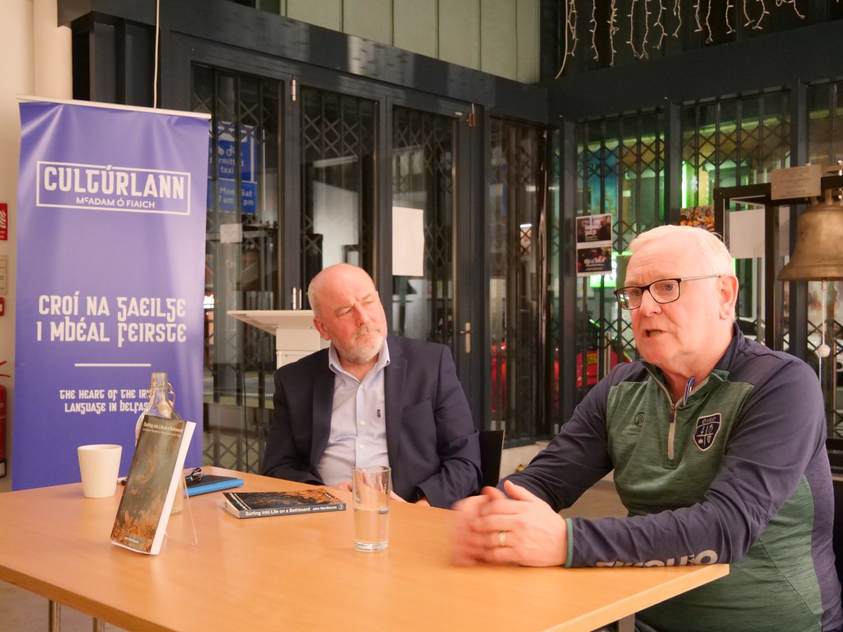 A powerful discussion this evening at @Culturlann  with journalist and author @BrianPJRowan in conversation with Jake MacSiacais on his new book 'Surfing into Life on a Bathboard'.

A fascinating conversation talking about the recent conflict, the peace process and mental health.