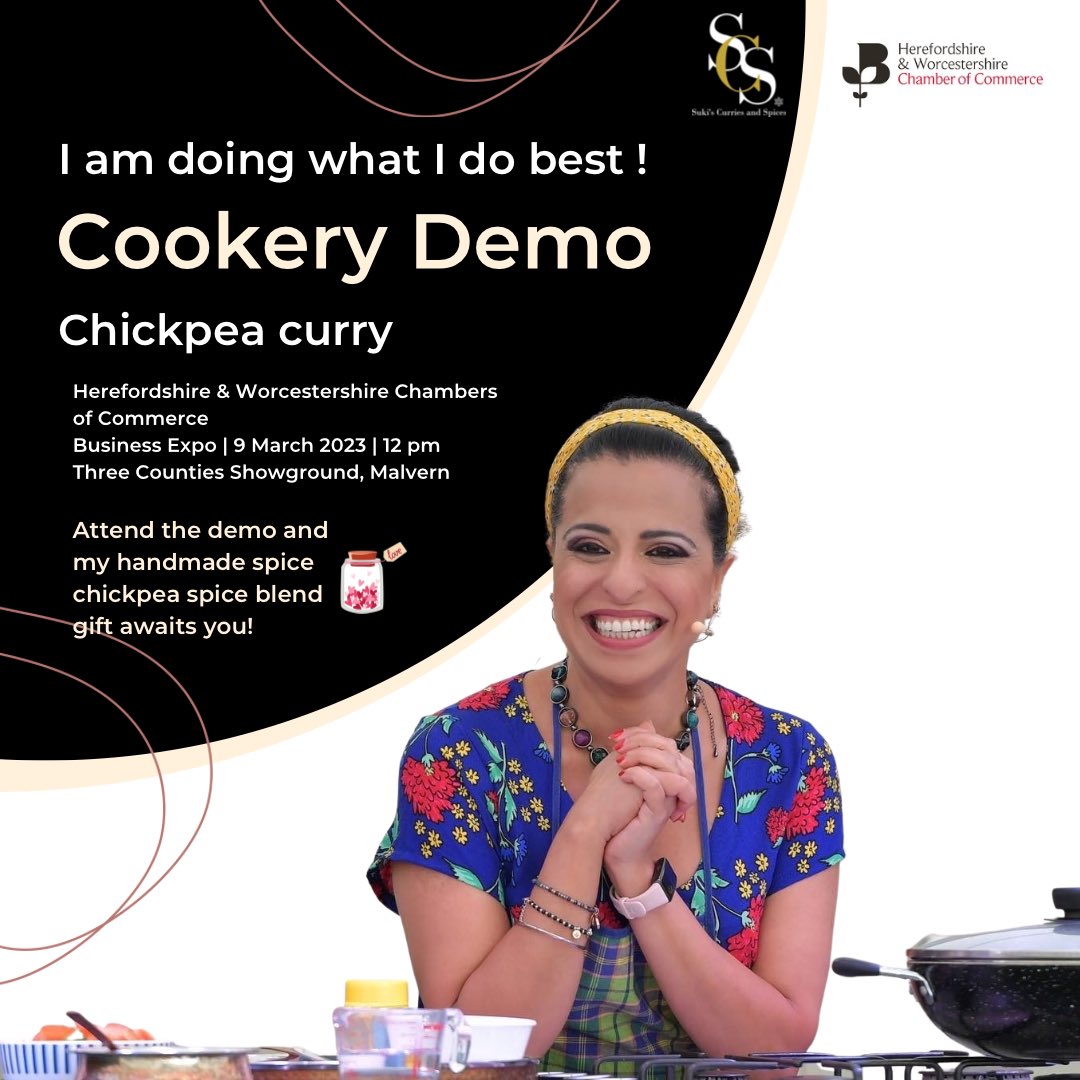 sukipantal's tweet photo. If you’re at the @HW_Chamber Expo taking place at @3countiesshows on 9th March, drop by at 12 pm to see my Chickpea curry cookery demo in the food &amp; drinks zone. You will also be gifted my chickpea curry spice blend! Hope to see you there❤️👩🏻‍🍳#WorcestershireHour #MalvernHillsHour https://t.co/5cRDIb9wum