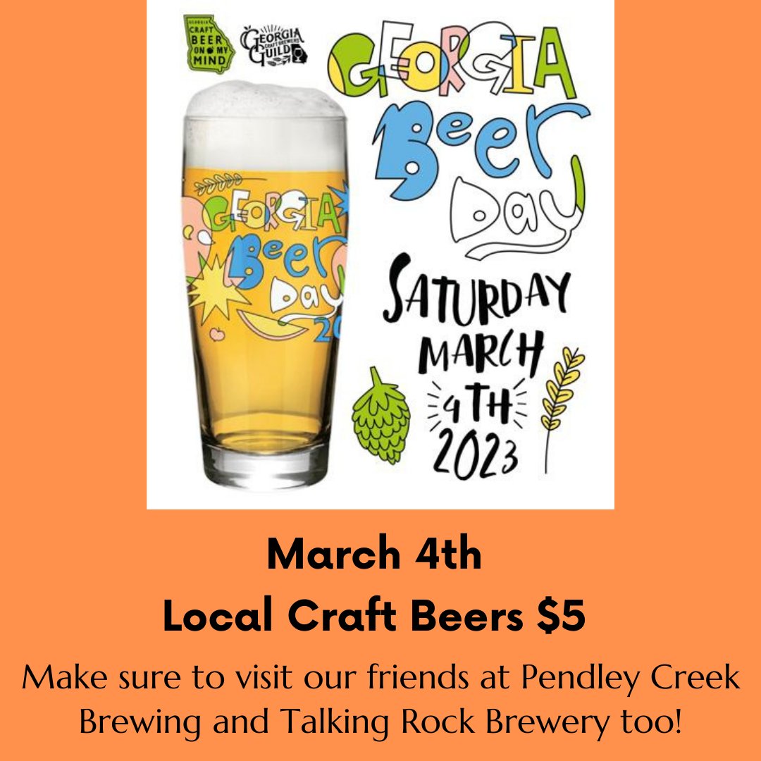 Saturday, March 4th is Georgia Beer Day. $5 Special on ALL Georgia Beers - Saturday only. Make sure to visit our friends at @pendleycreekbrewing and @talkingrockbrewery. #yepwehavebeertoo #georgiabeerday #drinkgeorgiabeers #localbeer #supportlocalbusinesses