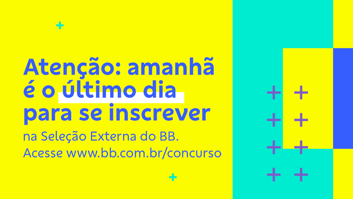 Atenção, candidatos e candidatas do nosso Brasil: as inscrições para a Seleção Externa BB 2023 se encerram amanhã! Não vai deixar pra última hora, né? Estamos ansiosos pra conhecer nossos novos colegas! Pra saber mais, é só acessar bb.com.br/concurso #PraTudoQueVoceImaginar