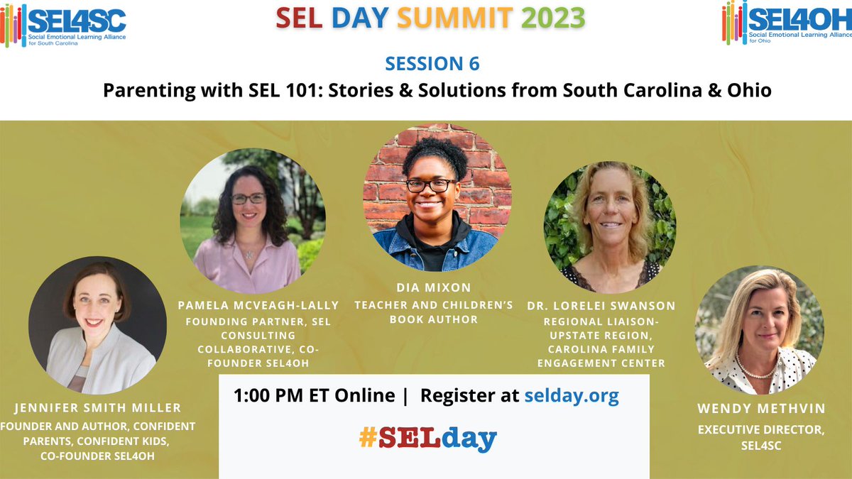 Join us at the #SELday Summit with Jennifer Smith Miller, Pamela McVeagh-Lally, Wendy Methvin, Dr. Lorilei Swanson and Dia Mixon as they reflect on the impact of #SEL. @confidentparentsconfidentkids @sel4oh @sel4sc @uofsccfec @elmundomixonbooks
bit.ly/3y2EVva