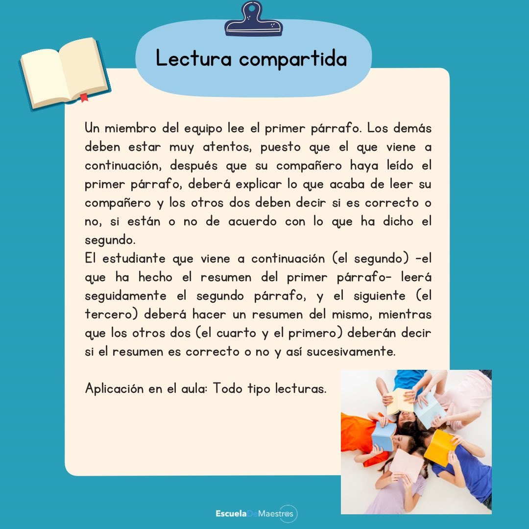 Lectura compartida: fácil y eficaz. Deseamos que os sirva esta técnica de aprendizaje cooperativo💙 #maestro #metologia #claustrodeig #aprendizajecooperativo #lecturacompartida #cooperativismo