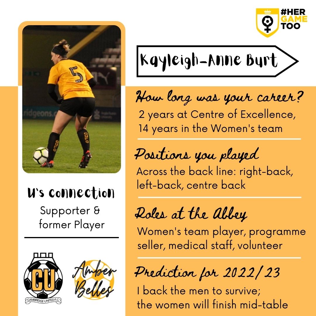 theamberbelles's tweet photo. Before the club's Women’s Football Weekend this Saturday, we’ve been celebrating amazing women at @CambridgeUtdFC.

#8 in our mini-series is recently retired player for @cambridgeutdwfc, @kayleighanne193. You can read more about KAB’s career on our Instagram feed 💛🖤 #CamUTD https://t.co/ucitAgZWUo