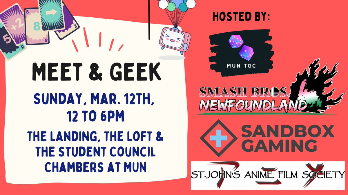 SandboxGamingNL's tweet image. We have a new date for our Meet &amp;amp; Geek! March 12th from 12pm - 6pm in the MUN University Centre: SBG, @SmashBrosNL , the MUN Tabletop Games Club, and the MUN Anime Society will be set up for anyone to come relax, play games and watch anime!

#gaming #anime