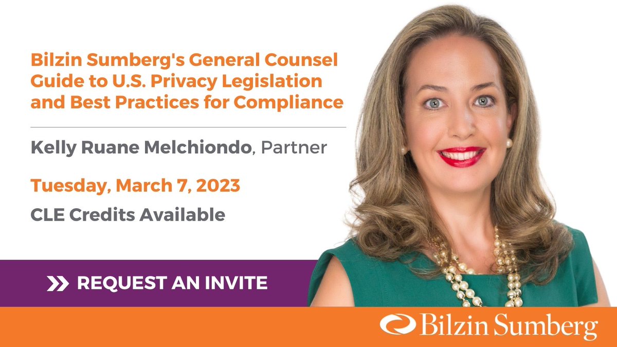 BilzinLaw's tweet photo. Join #BilzinSumberg Partner Kelly Ruane Melchiondo next Tuesday, March 7 as she leads #BilzinSumberg’s General Counsel Guide to U.S. Privacy Legislation and Best Practices for Compliance. Register here: https://t.co/Y2MJLMcnLL https://t.co/owJKRTvMOg