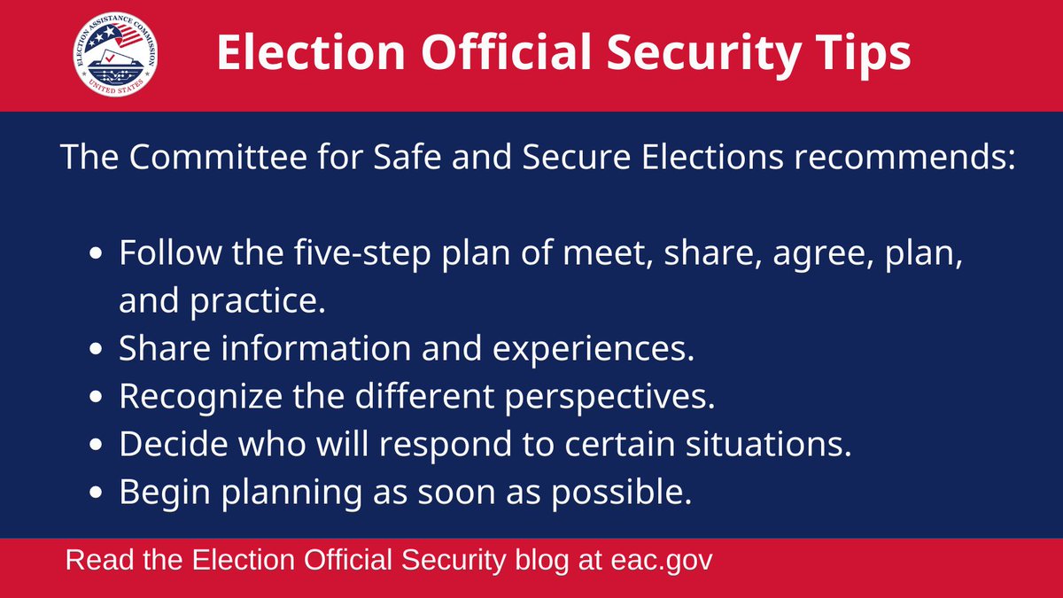 EACgov's tweet image. When it comes to election official safety, members of the Committee for Safe and Secure Elections (@csselex) have a range of recommendations for officials and law enforcement. Watch the discussion with @EACgov Commissioner Hicks and read more eac.gov/Election-Offic…