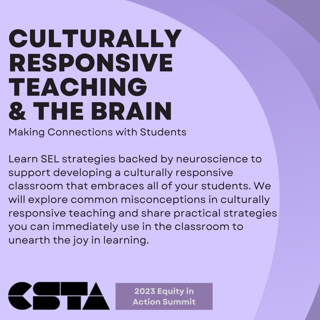 here4itall's tweet image. CS is hard— but with Culturally Responsive Teaching, you can better support your students! @NoeSF @LilibethMay9 and I are going to share how your CS classroom can be culturally responsive with neuroscience.