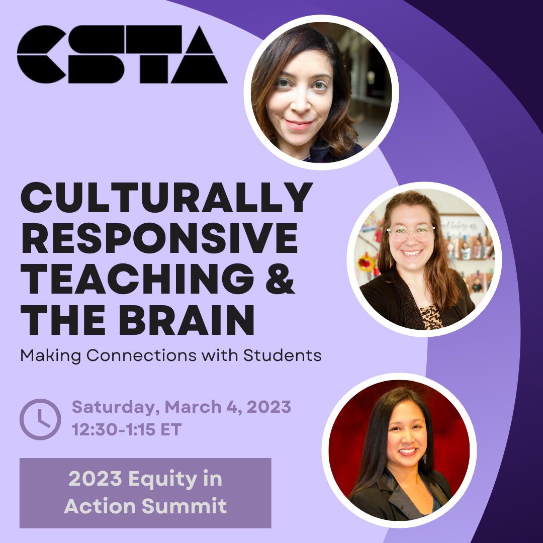 here4itall's tweet image. CS is hard— but with Culturally Responsive Teaching, you can better support your students! @NoeSF @LilibethMay9 and I are going to share how your CS classroom can be culturally responsive with neuroscience.