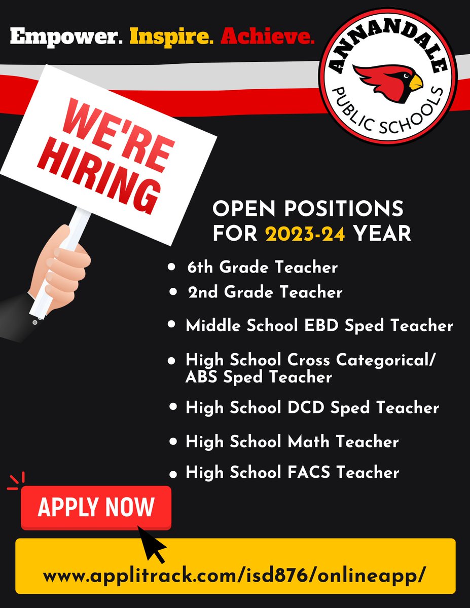 NOW HIRING FOR THE 2023-24 SCHOOL YEAR! For info and to apply, visit: applitrack.com/isd876/onlinea… 
Start: August 28, 2023. Deadlines Vary. 
#joinourteam #teachers #applytoday