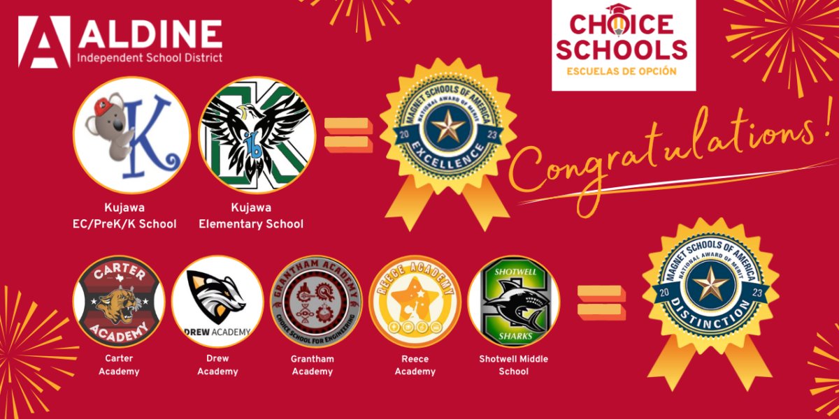 AldineChoice's tweet photo. Aldine is proud to have @ReeceAcademy @Carter_AISD @ShotwellMS_AISD @Drew_AISD and @Grantham_AISD awarded as Schools of Distinction by the @MagnetSchlsMSA🏆
@kujawa_primary and @KujawaES_AISD  were especially honored with the Top Excellence Award!🏆🤩 @AldineISD @OOT_AldineISD https://t.co/4EvhDbhscc