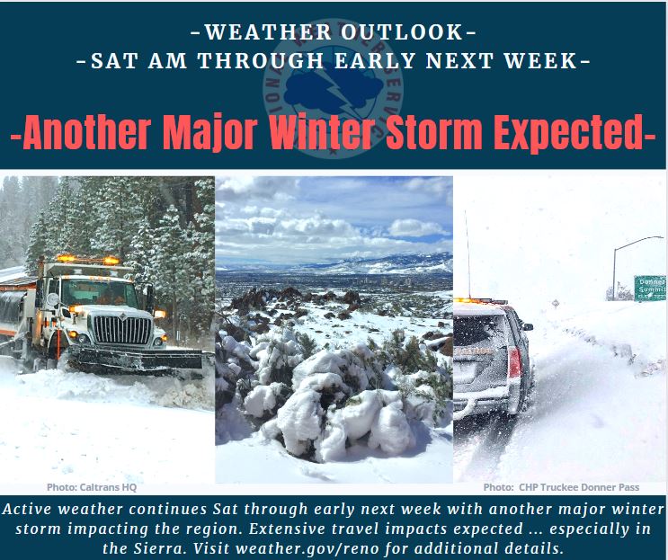 Another major winter storm is expected to bring additional rounds of significant snow/travel headaches back to the Sierra and potentially into western Nevada Sat-Mon. Bottom line: If you travel into the Sierra this weekend you may not get back out for a while. #CAwx #NVwx