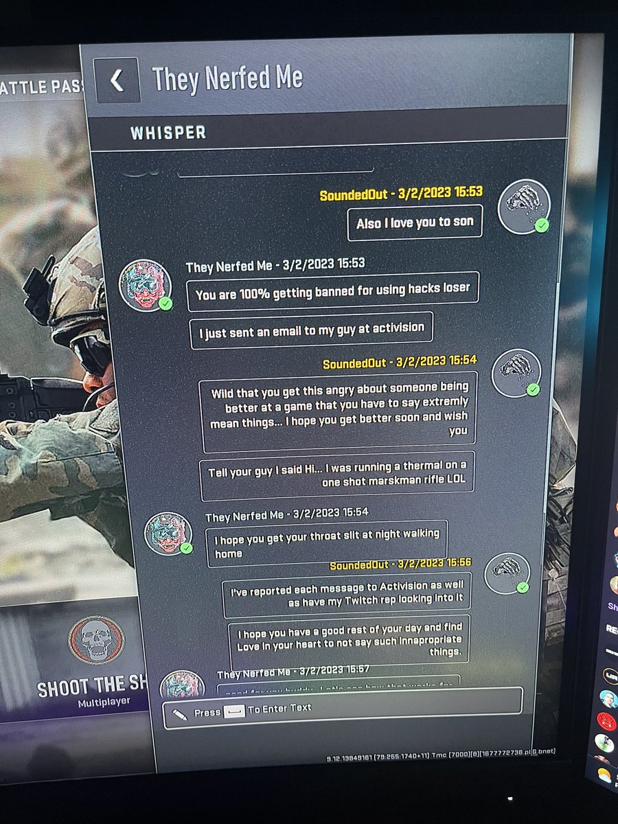 Fink_cincy's tweet photo. @Activision @CallofDuty @ATVIAssist if this guy does not catch a ban for the aggressively awful things he said after I finally popped off with my 1.27 K/D for once then there needs to be better support… here’s what was whispered to me after the game… #HeNeedsHelp #CatchABan https://t.co/TXYwnx1jM2