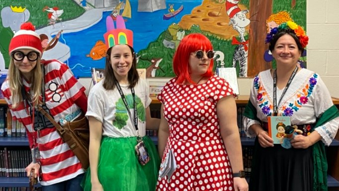 MediaCenter735's tweet photo. Spotted: Ms. Viola Swamp, Harry Potter, Rainbow Fish, Waldo, The Very Hungry Caterpillar, and artists galore. Middleton students and teachers had so much fun dressing up as their favorite book characters for #ReadAcrossAmerica! https://t.co/bbfitIKxsD