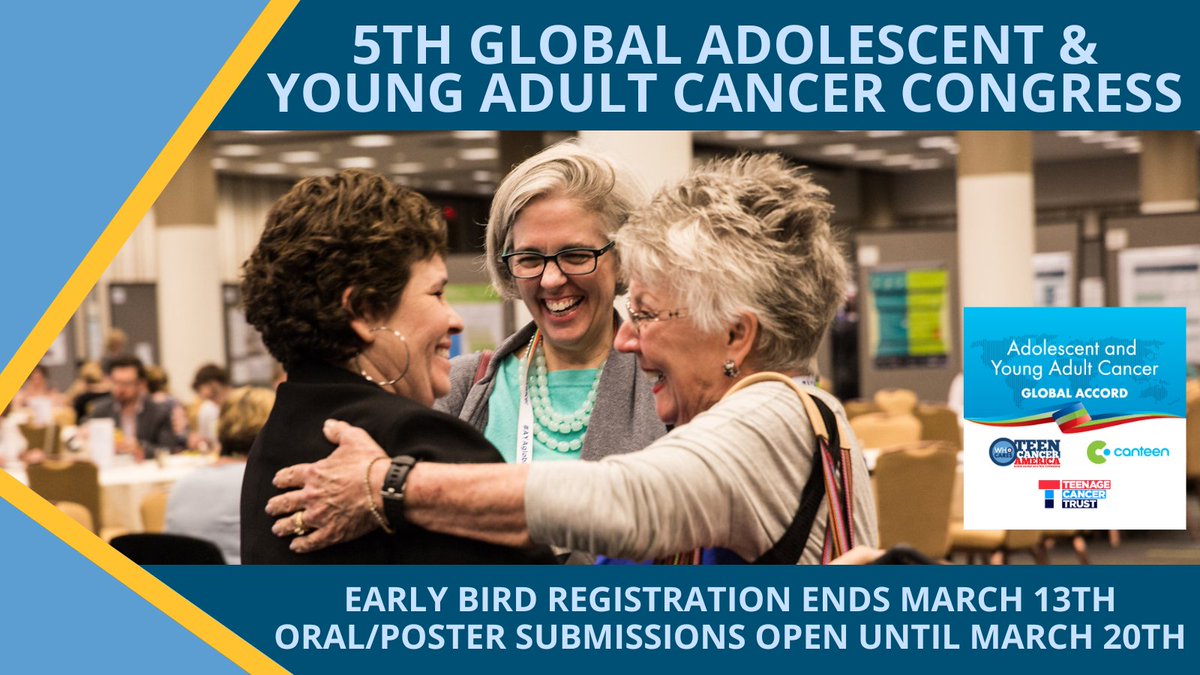 MARCH DEADLINES for the 5th Annual Global AYA Congress - March 13: Early Bird Registration Deal Ends -  March 20: Oral/Poster Submissions Close - Sponsorship opportunities available! ayaglobalcancercongress.org
<a href="/CanteenAus/">Canteen Australia</a> <a href="/TeenageCancer/">Teenage Cancer Trust</a>  <a href="/ayacan_cancer/">AYACan.cancer</a> <a href="/AYACancerAllian/">Reid Sacco AYA Cancer Alliance</a> @UCM_aya