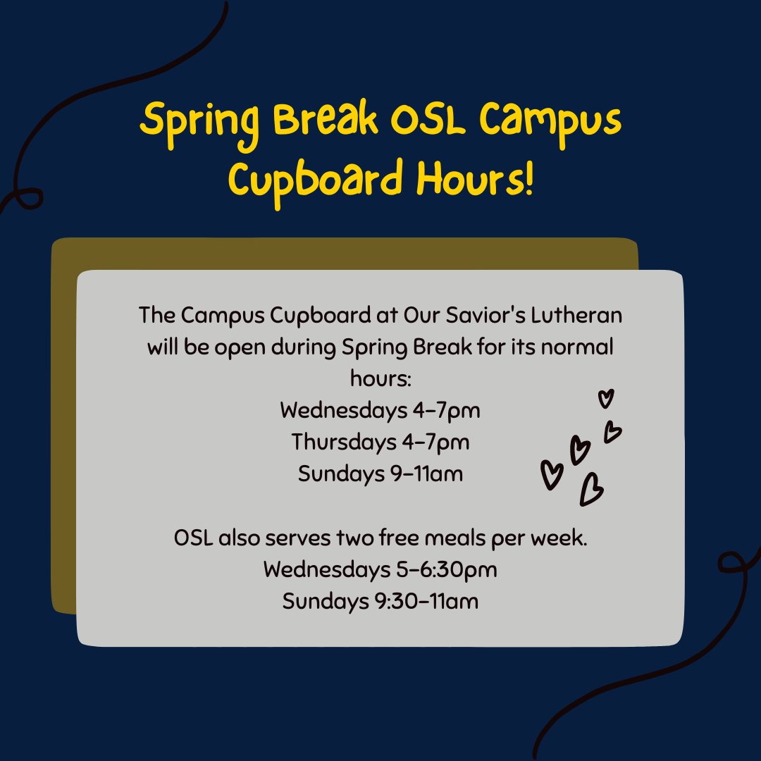 Just a reminder that the Campus Cupboard at Our Savior's Lutheran will be available to students for its normal hours during Spring Break! The Campus Cupboard is located at the bottom of the stairs inside the church.

#WeAreAU | #Serve