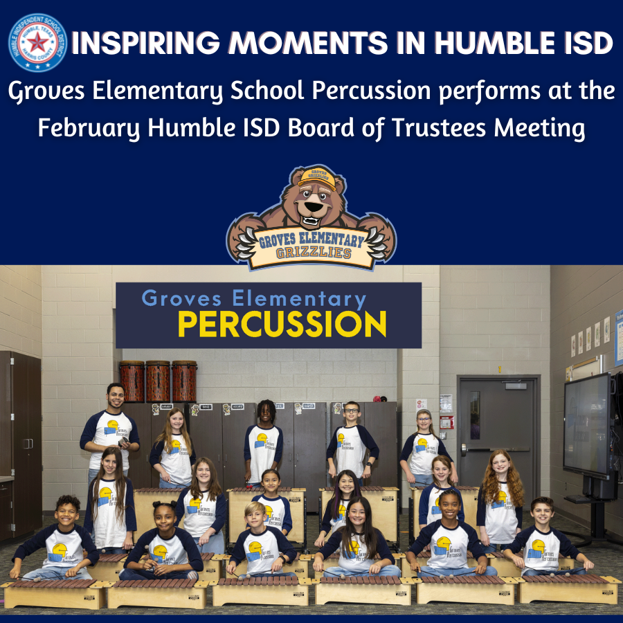 One of only four elementary school instrumental groups to be selected to perform at this year's Texas Music Educators Association Conference, the Groves Elementary Percussion Ensemble performed at the February #HumbleISD Board of Trustees Meeting.
📽️youtu.be/pZd_AxfxVAs