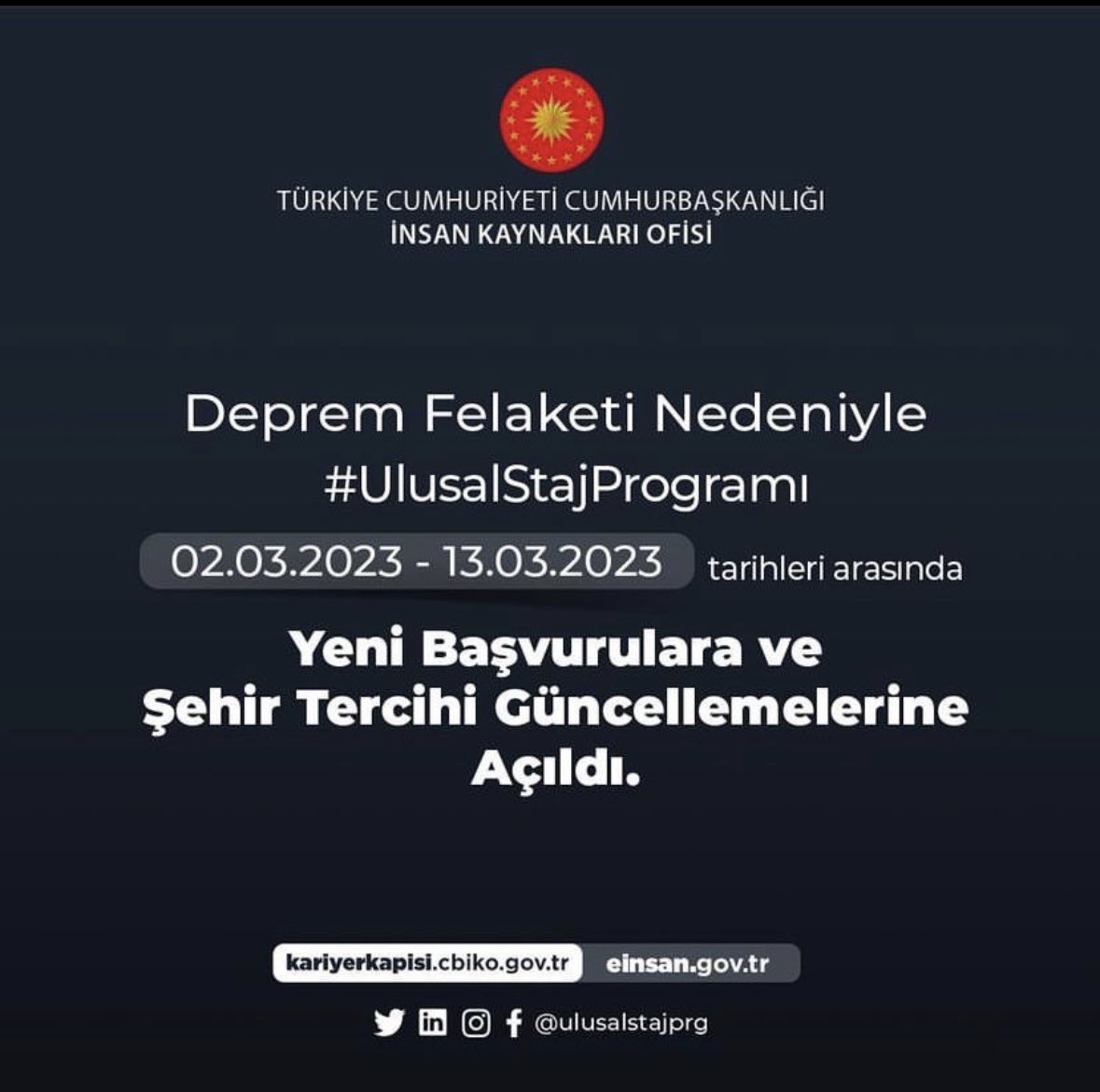 Değerli öğrencilerimiz,
Yaşadığımız deprem felaketi nedeniyle 02.03.2023 ile 13.03.2023 tarihleri arasında #UlusalStajProgramı yeni başvuru ve şehir güncelleme işlemlerine açılmıştır. 
 
👉🏼Son Tarih: 13 Mart 2023