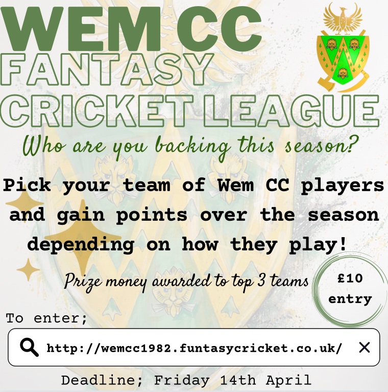 WemCricketClub's tweet photo. 💚💛FANTASY CRICKET 💚💛

https://t.co/ztnWa5u3ww 

Pick your team of Wem CC players and gain points depending on how they perform this season! 🏏

Drop us a message for further details

Who will you back this season...? 🤔

#WemCC💚💛 https://t.co/tBawryLqN4