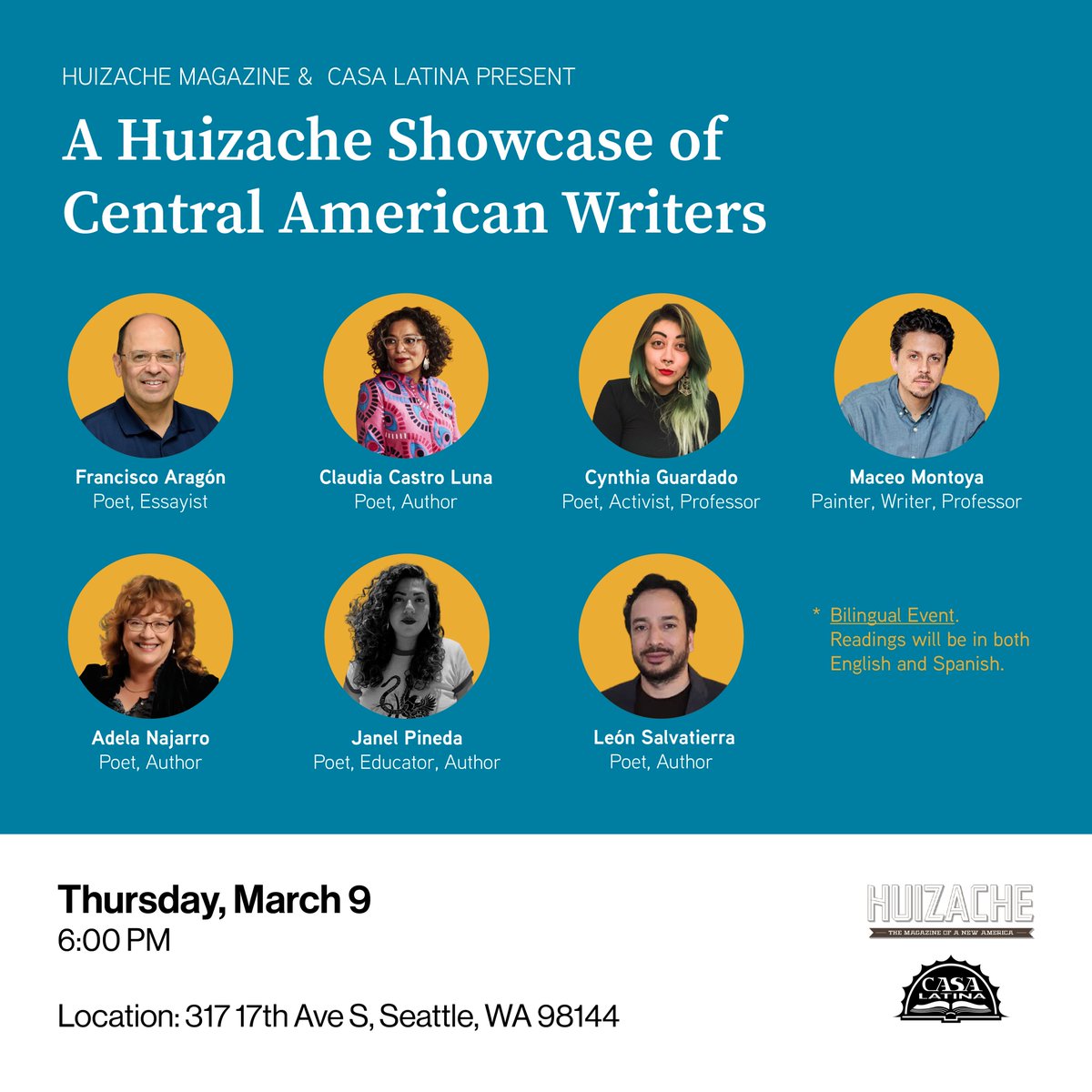 GVisionaries's tweet photo. Check out this great upcoming event hosted by @CasaLatinaSea on March 9. The event will showcase Central American writers associated with Huizache magazine, a Latinx literary journal. It will be free and open to the public, from 6-8 PM. See you there! https://t.co/VEzW0a0R9u